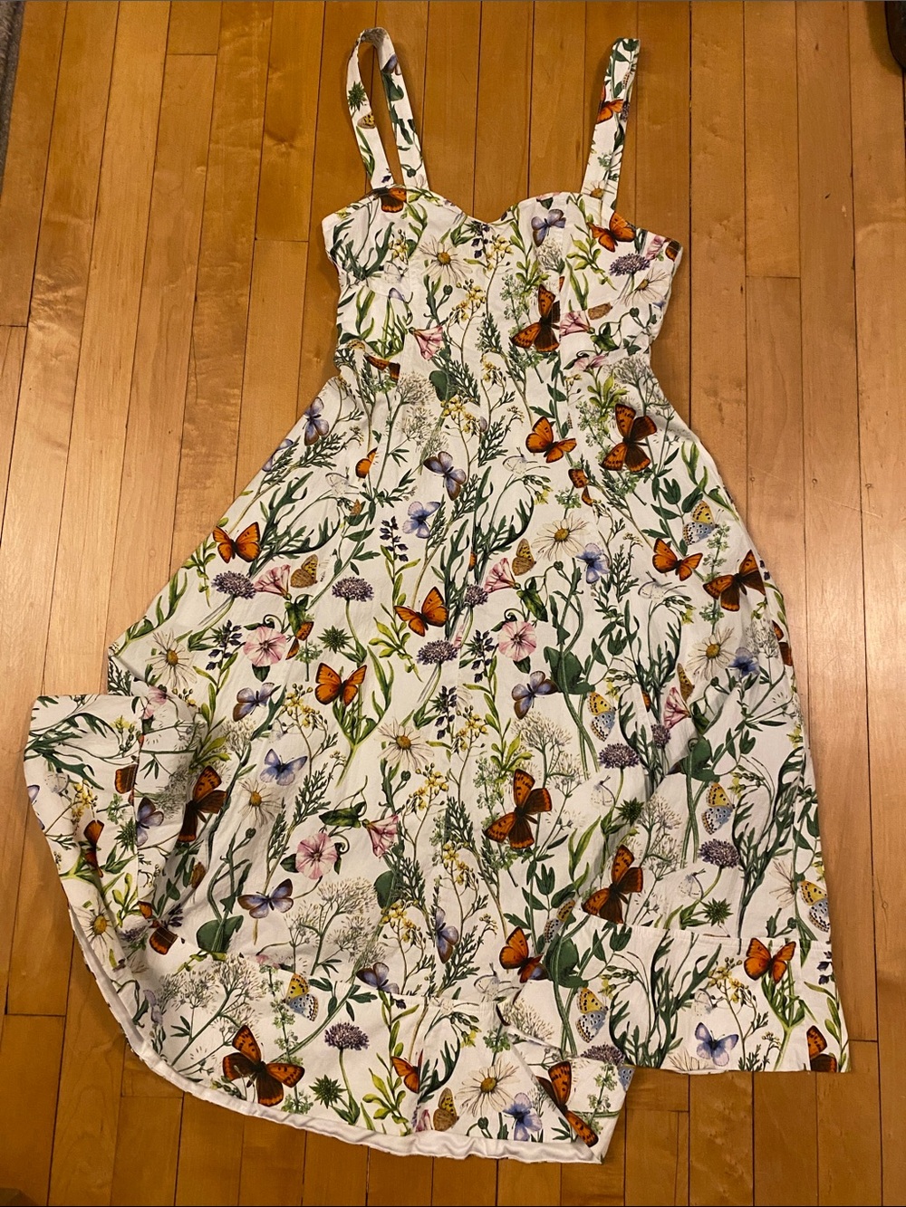 NWOT Avec Les Filles White Floral & Orange Butterfly Midi Dress